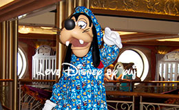 パジャマ姿のグーフィーグリーティング画像！ディズニークルーズ旅行記