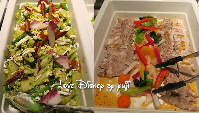 彩り野菜とチーズのパスタサラダ（左）／冷製ポークのハニーレモンドレッシング（右）