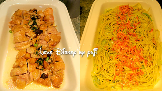 ローストチキン（左）／桜海老とキャベツのパスタ（右）