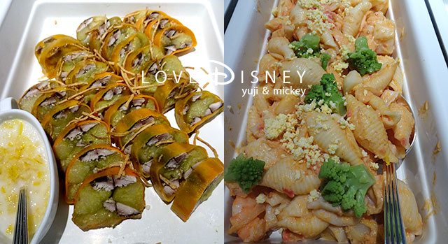 秋刀魚と茄子のプレッセ：左／シーフードのパスタサラダ：右