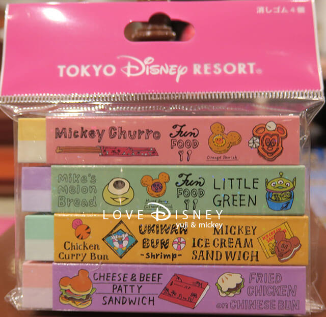 Tdrグッズ パークフードがプリントされた文房具 チョコクランチ型の消しゴムなど Love Disney