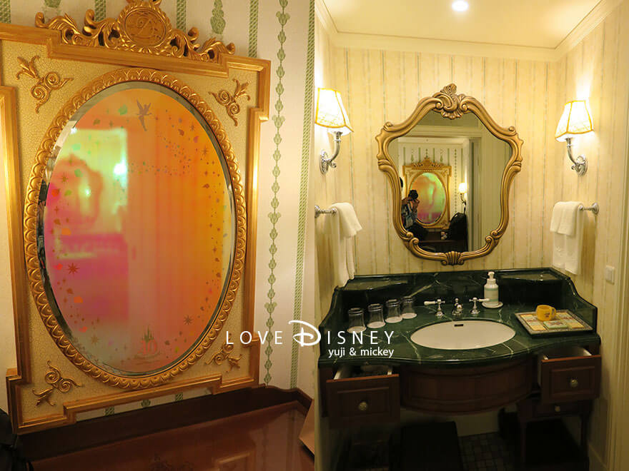 東京ディズニーランドホテル、東京ディズニーリゾート40周年「ドリームゴーラウンド、スペシャルルーム」鏡、洗面台