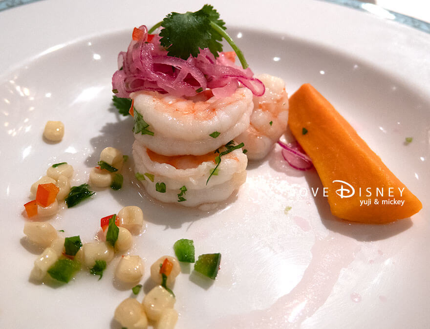ディズニークルーズ、ウィッシュ号、パイレーツナイトのディナー、前菜（アンジェリカのライムマリネシュリンプ）
