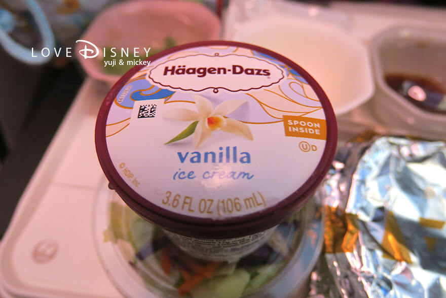 ディズニー・クルーズ・ウィッシュ号、4泊5日バハマコース、JAL機内食（1回目）ハーゲンダッツ