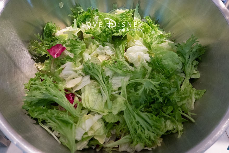 ホテルミラコスタ、オチェーアノ「ダッフィー＆フレンズのハートフェルト・レターズ・オブ・フレンドシップ、ブッフェ」冷たい料理（グリーンサラダ）