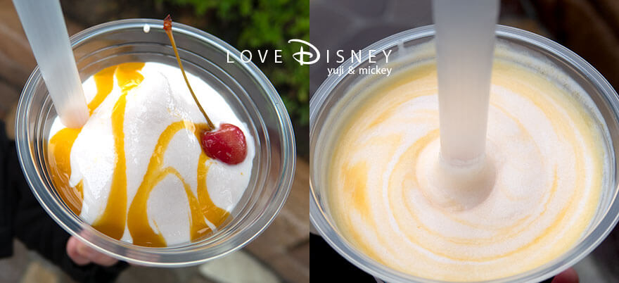 東京ディズニーランド、「ディズニー・パルパルーザ、ヴァネロペのスウィーツ・ポップ・ワールド」グルメトルバドールタバン、ピーチスムージー＆ライムゼリー（かき混ぜた後）、