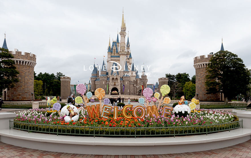 「ディズニー・パルパルーザ、ヴァネロペのスウィーツ・ポップ・ワールド2026」デコレーション、プラザ中央花壇（その1）