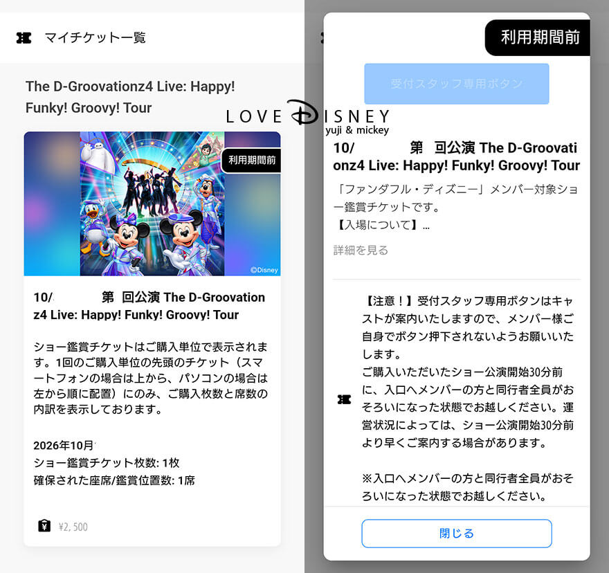 Dグル ファンダフル・ディズニー チケット購入時のマイチケット画面