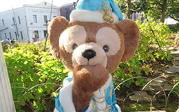 「カラー・オブ・クリスマス」の衣装を着たダッフィーとシェリーメイ＆「ディズニースナップフォト」